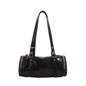 Bolso de hombro cilíndrico retro en cuero brillante marrón oscuro, bolso boston de moda mujer.