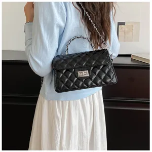 Black quilted chain shoulder bag for women, elegant crossbody bag with metal handle style.