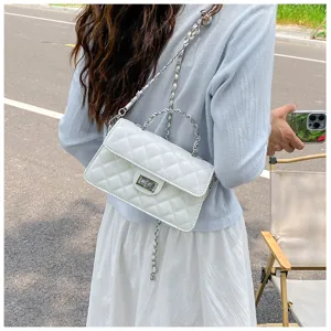Women quilted chain shoulder bag, stylish small square crossbody handbag with metal lock.