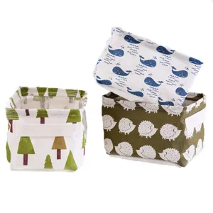 Panier de rangement de bureau pliable en lin coton avec motif animal mignon boîte organisateur
