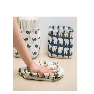 Cotton linen foldable desktop storage basket cute printed organizer box for home office use