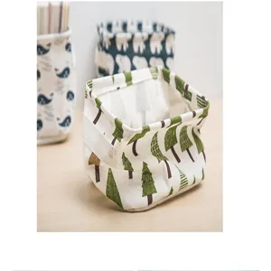 Cotton linen storage basket desktop organizer fabric bin with tree print for home office