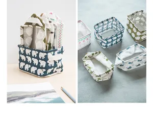 Cute cotton linen desktop storage basket, foldable fabric organizer box with handle.