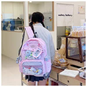 Mochila escolar rosa de gran capacidad con ventana transparente, bolso casual lindo para estudiantes.