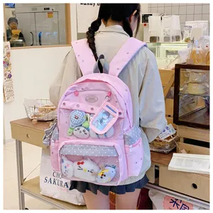 Mochila escolar de estudiante rosa bonita con bolsillo transparente y gran estrella.