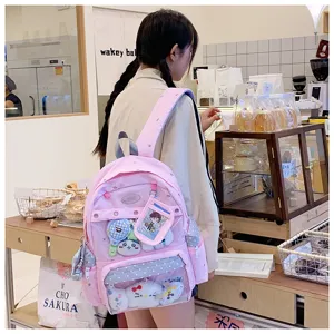 Mochila escolar rosa de lona con bolsillo transparente, gran capacidad casual para chicas.