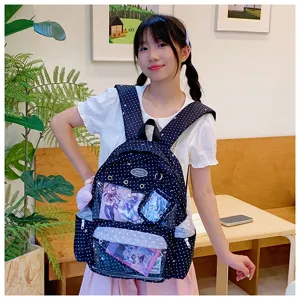 Lindo mochila escolar de lunares con ventana transparente para niñas, bolso casual grande.