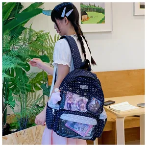 Vista detallada de la mochila elegante para mujer con bolsillos transparentes escolares.