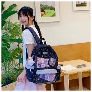 Mochila escolar azul marino de lunares con ventana transparente para uso diario casual.