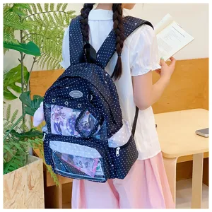 Detalles de elegante mochila ita azul oscura con patrón de estrellas y ventana transparente.