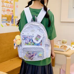 Mochila escolar bonita con patrón de estrellas y bolsillo transparente para uso diario.