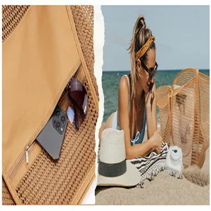 Foldable mesh beach bag for women, lightweight summer travel tote bag with zipper pocket.
