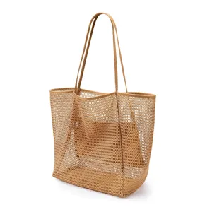 Women's mesh beach bag, casual foldable tote bag, large capacity travel shoulder bag.