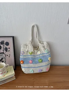 Casual crochet tote bag with colorful flower accents, vintage knitted shoulder bag for women