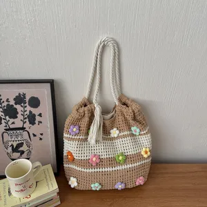 Women Slouchy Knit Fabric Tote Bag Hand-Woven Striped Shoulder Bag With Three-Dimensional Flowers Tassels Large Capacity Casual Beach Bag