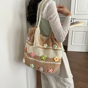 Korean style knit tote bag, casual crochet shoulder bag with cute colorful flowers for women.