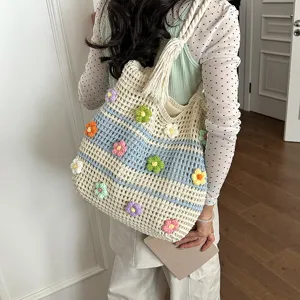 Korean style woven single shoulder tote bag with colorful flower decor, trendy and chic.