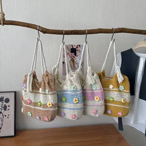 Korean style handmade crochet tote bag casual minimalist shoulder bag with cute floral decor