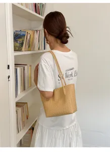 Minimalist woven tote bag for women, stylish casual single shoulder handbag, chic daily purse.