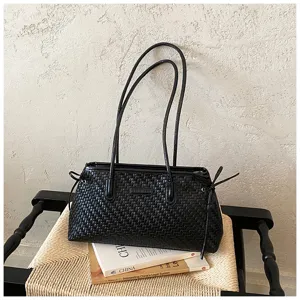 Elegante bolso de hombro tejido negro para mujer, bolso de mano elegante y bolso de axila.