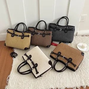 Stylish women tote shoulder bag retro belt design PU leather multi color casual handbag for daily commuting