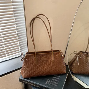 Bolso de Axila de Cuero PU Tejido para Mujer Bolso de Hombro de Moda Bolso de Mano Informal con Lazos Laterales Cremallera