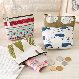 Cotton linen mini coin purse, cute printed zipper wallet for keys, cards and change storage.