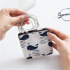Nordic Style Canvas Coin Purse Cute Cartoon Printed Key Pouch Minimalist Small Wallet Zipper Card Holder Bag for Women