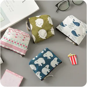 Nordic style canvas linen coin purse set, cute animal prints, small zipper wallet for cards.