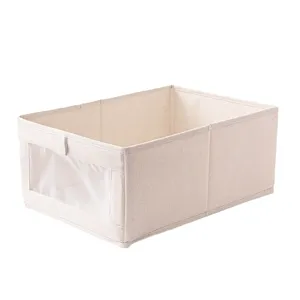 Caja de almacenamiento de lino beige con ventana transparente para organizar ropa.