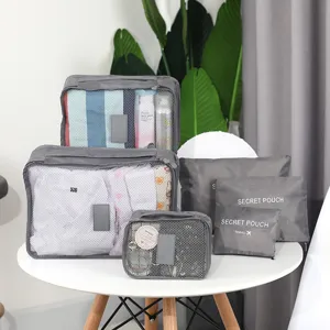 Travel packing cubes set, grey organizer bags for clothes, luggage and travel accessories.
