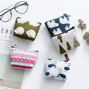 Nordic style linen coin purse cute animal printed small wallet portable zipper key pouch card holder