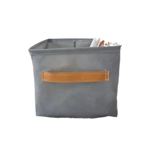 Foldable fabric storage box for wardrobe clothes organizer with sturdy carrying handle.