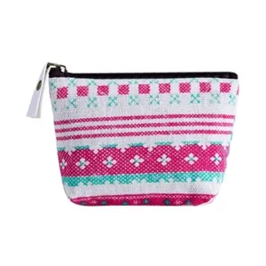 Nordic style cotton linen coin purse with zip closure, geometric pattern mini card bag.