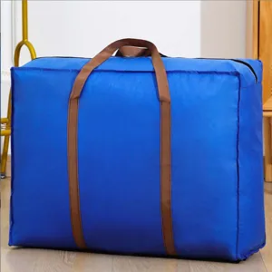 Grande borsa di stoccaggio blu con manici marroni per vestiti coperte e trasloco scatola