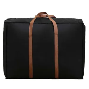 Grande borsa di custodia nera con manici marroni per coperte, vestiti e traslochi domestici.
