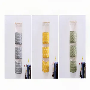 Cotton linen 3 pocket wall hanging storage bag Nordic style organizer details view
