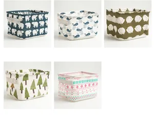 Cotton linen desktop storage basket with handle, cute animal print fabric organizer bin.