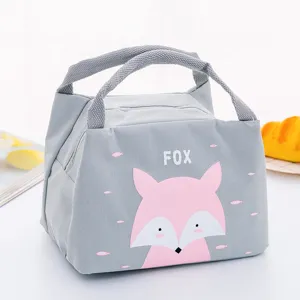 Oxford cloth insulated lunch bag with cute cartoon fox print, portable thermal bento tote.