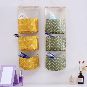Cotton linen 3-pocket wall hanging storage bag, Nordic style dorm room organizer for sundries.