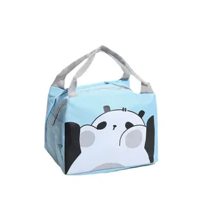 Cute cartoon panda insulated lunch bag for women and kids, portable oxford bento box tote.