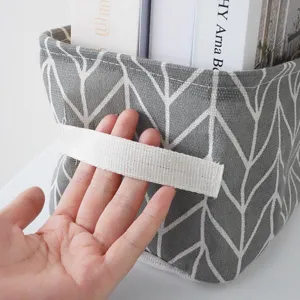 Nordic style fabric storage basket, grey herringbone desktop organizer with handles for home