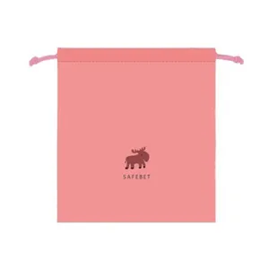 Pink drawstring storage bag fabric pouch portable organizer with cute moose print and text design.