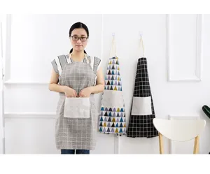 Cotton linen kitchen apron with front pocket stylish grid design for cooking baking cleaning