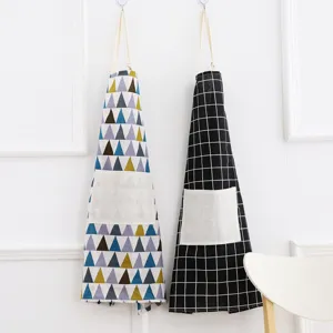 Cotton Linen Kitchen Apron Nordic Style Geometric Plaid Anti-Fouling Cooking Bib with Pocket Home Apron for Women Men