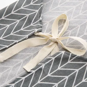 Geometric pattern linen kitchen apron with cotton tie adjustable waist cooking workwear
