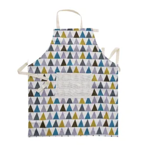 Cotton linen kitchen apron featuring geometric triangle pattern and convenient front pocket.