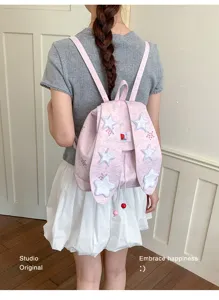 Sac à dos rose mignon avec oreilles de lapin et étoiles grande capacité pour les femmes
