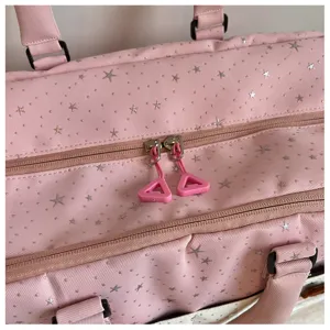 Pink travel duffel bag with silver stars pattern, lightweight casual gym sports bag.