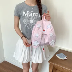 Sac à dos en toile oreilles de lapin pour femme, sac casual stylé avec patchs étoiles.